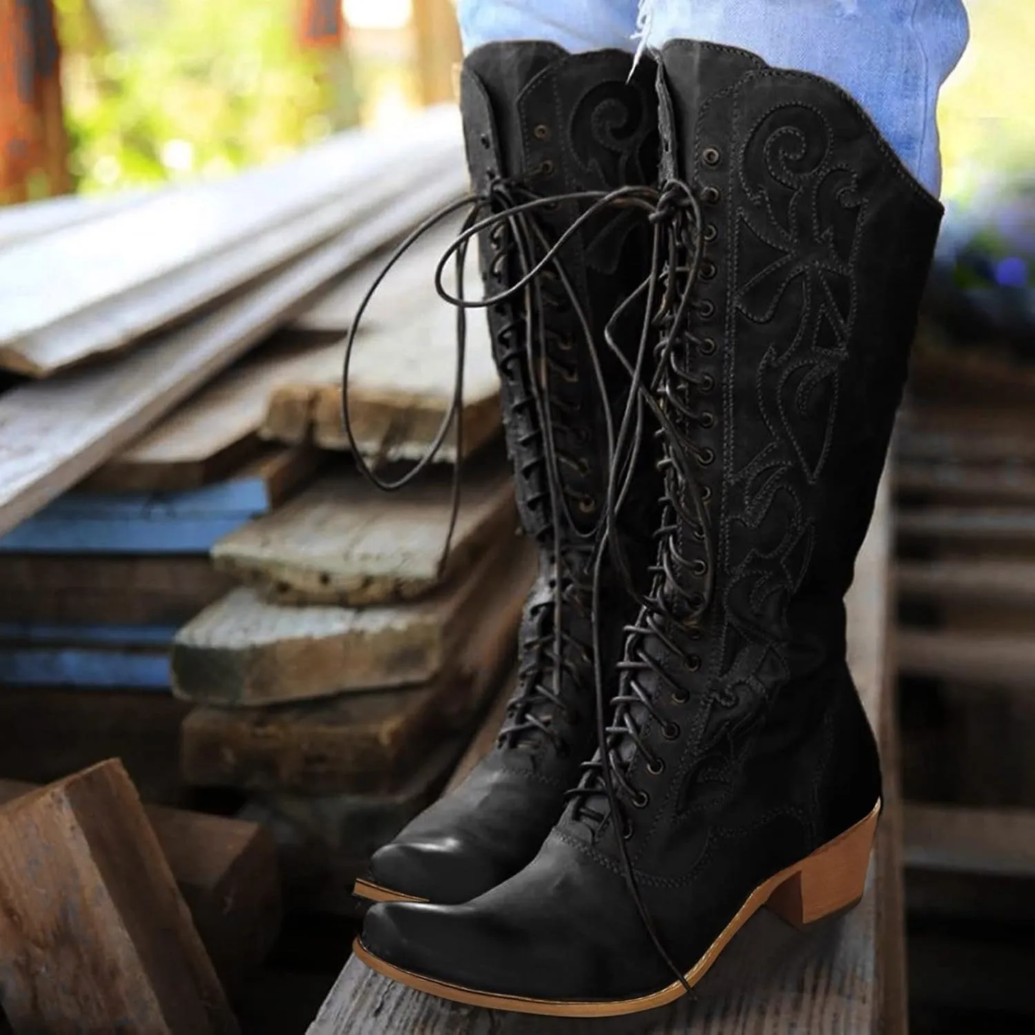 Women's Mid Calf Boots w Adjustable Laces Platform Casual Motorcycle Military Biker Goth Gothic Victorian Boots Knee High Boots Retro Embroidered Snip Toe Chunky Heel Fashion Shoes