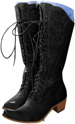 Women's Mid Calf Boots w Adjustable Laces Platform Casual Motorcycle Military Biker Goth Gothic Victorian Boots Knee High Boots Retro Embroidered Snip Toe Chunky Heel Fashion Shoes