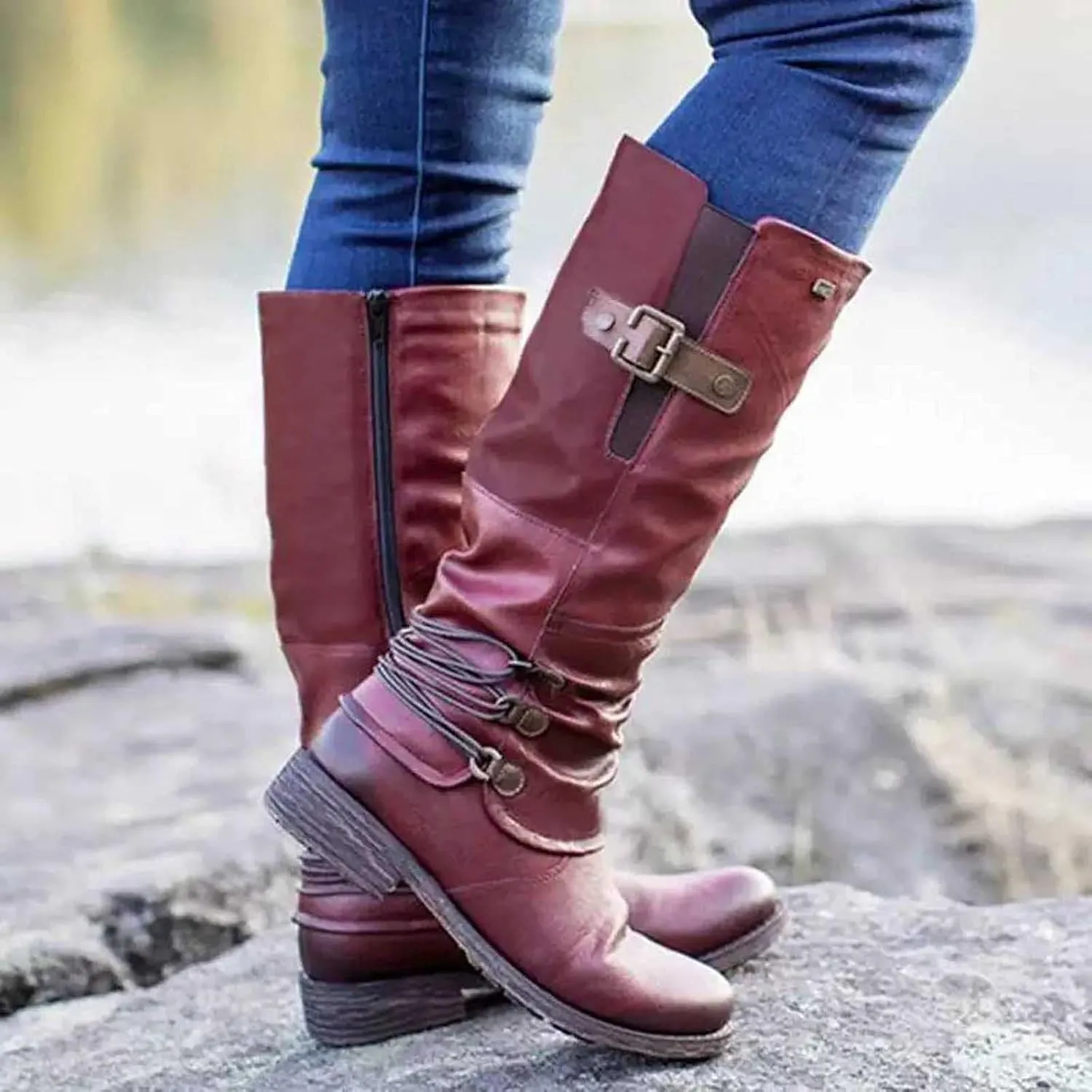 Women's Mid Calf Dress Boots Biker Boots Zipper Round Toe Chunky Low Heel Combat Riding Fashion Winter Boots