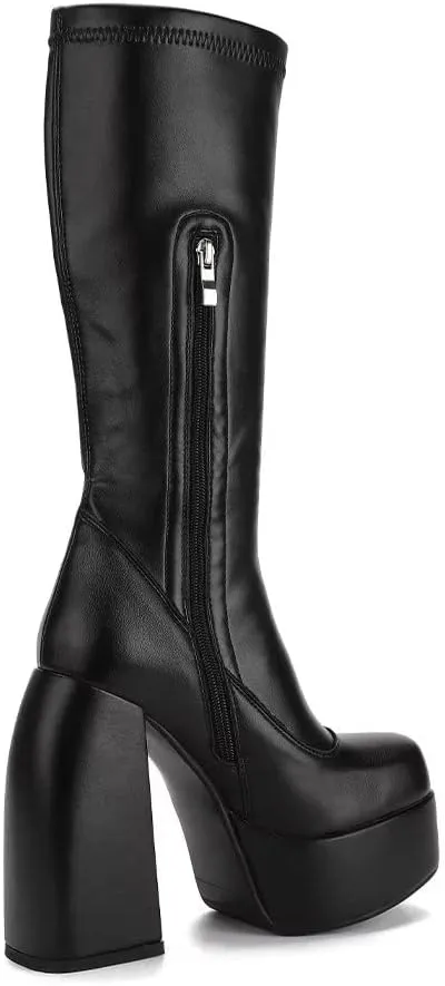 Womens Mid Calf Knee High Boots High Heel Round-Toe Side Zipper Punk Style Shoes Combat Boots For Women