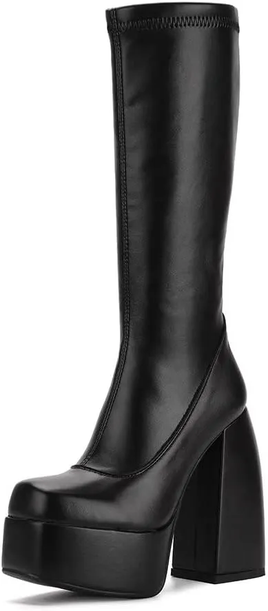 Womens Mid Calf Knee High Boots High Heel Round-Toe Side Zipper Punk Style Shoes Combat Boots For Women