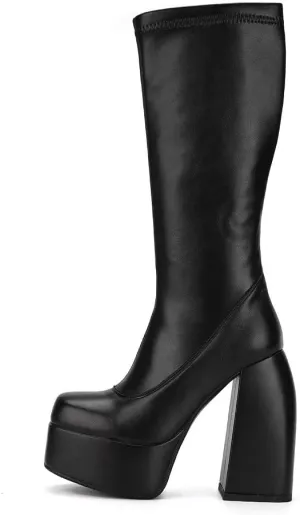 Womens Mid Calf Knee High Boots High Heel Round-Toe Side Zipper Punk Style Shoes Combat Boots For Women