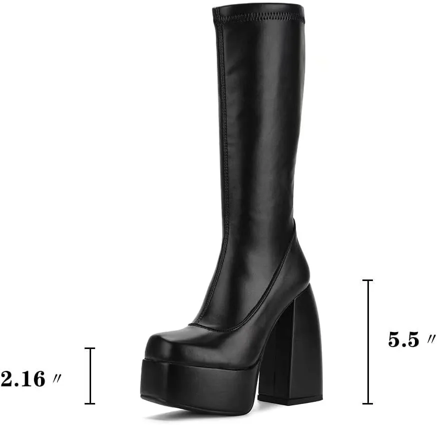 Womens Mid Calf Knee High Boots High Heel Round-Toe Side Zipper Punk Style Shoes Combat Boots For Women