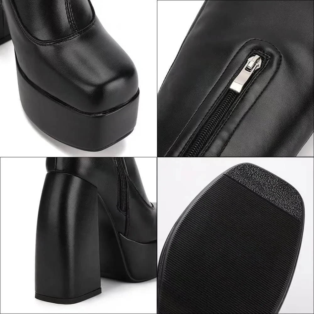 Womens Mid Calf Knee High Boots High Heel Round-Toe Side Zipper Punk Style Shoes Combat Boots For Women