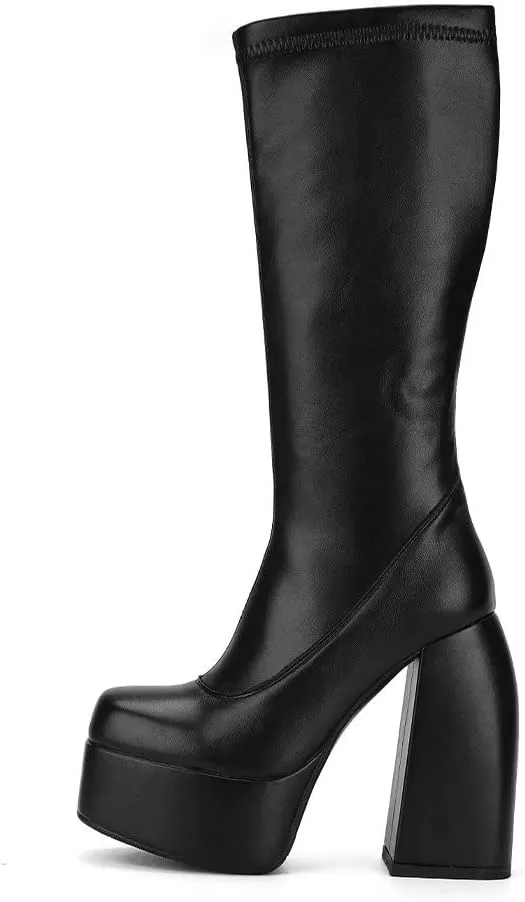 Womens Mid Calf Knee High Boots High Heel Round-Toe Side Zipper Punk Style Shoes Combat Boots For Women
