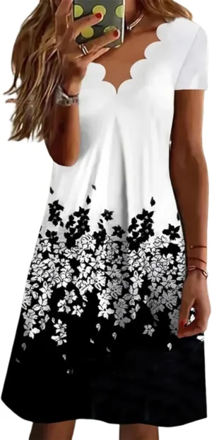 Women's Mini Dress Black and White Print Notch Neck Short Sleeve Chic Fashion 2025 Summer Spring Resort Dress