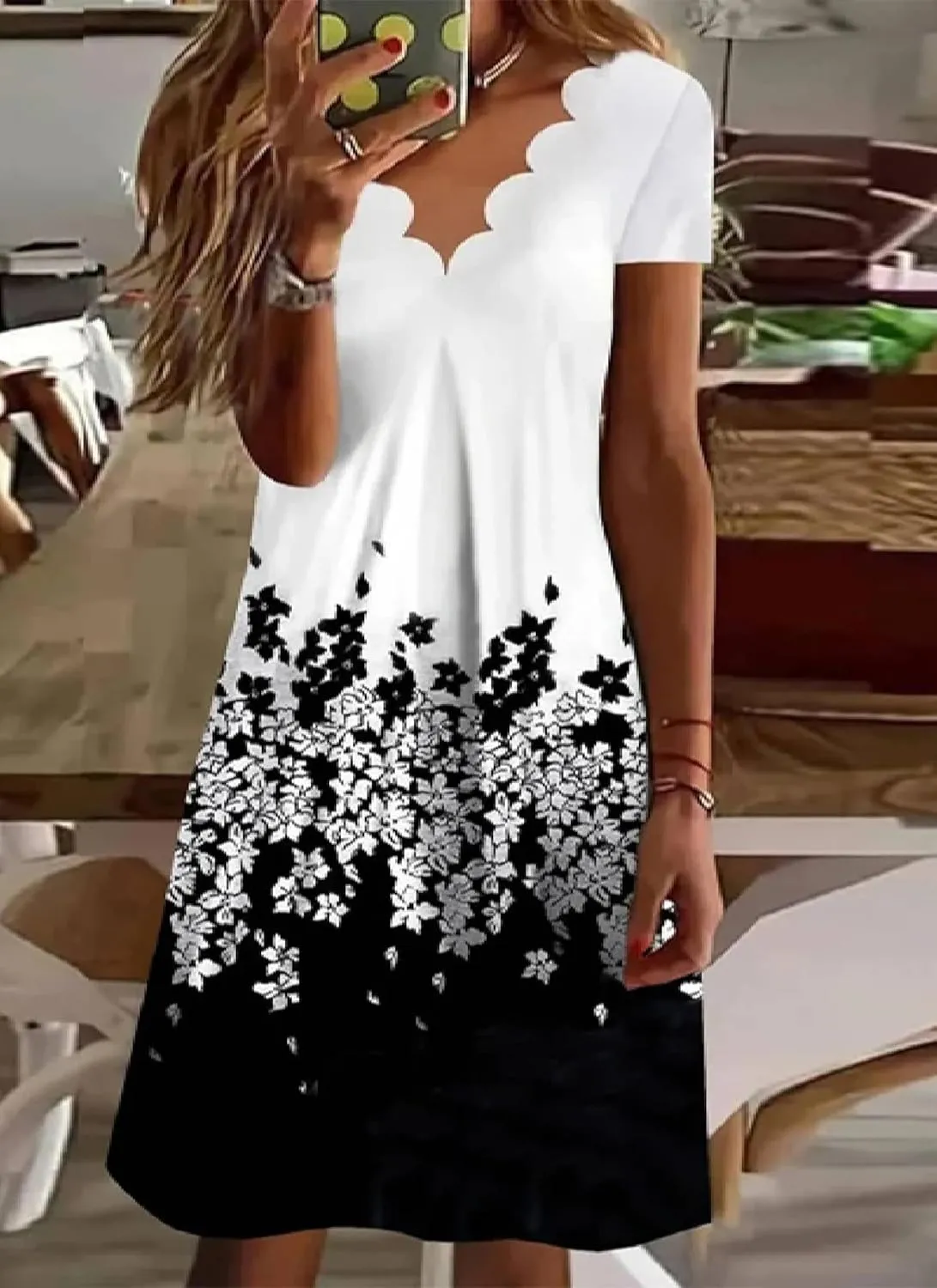 Women's Mini Dress Black and White Print Notch Neck Short Sleeve Chic Fashion 2025 Summer Spring Resort Dress