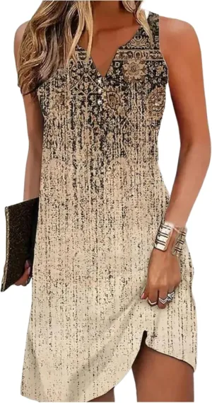 Women's Mini Dress Khaki Printed Sleeveless V Neck Fashion Art 2025 Summer Spring Beach Resort Dress