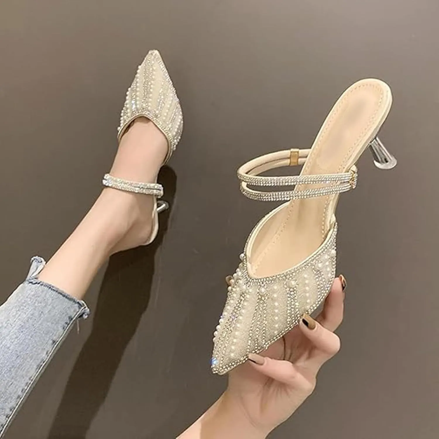 Women's Mule Fashion Slide Cover with Rhinestone Decoration Pointed Toe and Outdoor Walking Backless Mule Sandals