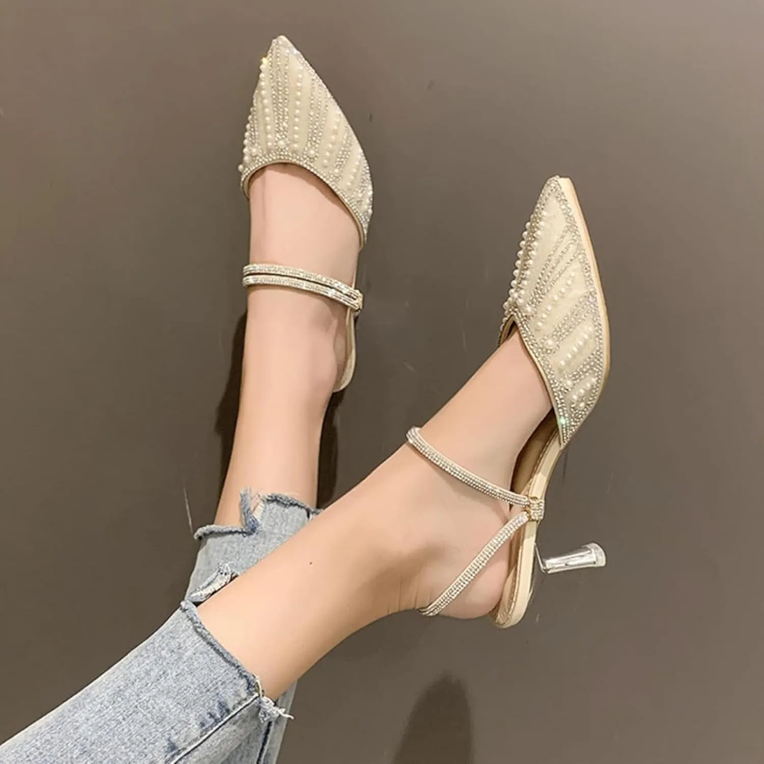 Women's Mule Fashion Slide Cover with Rhinestone Decoration Pointed Toe and Outdoor Walking Backless Mule Sandals
