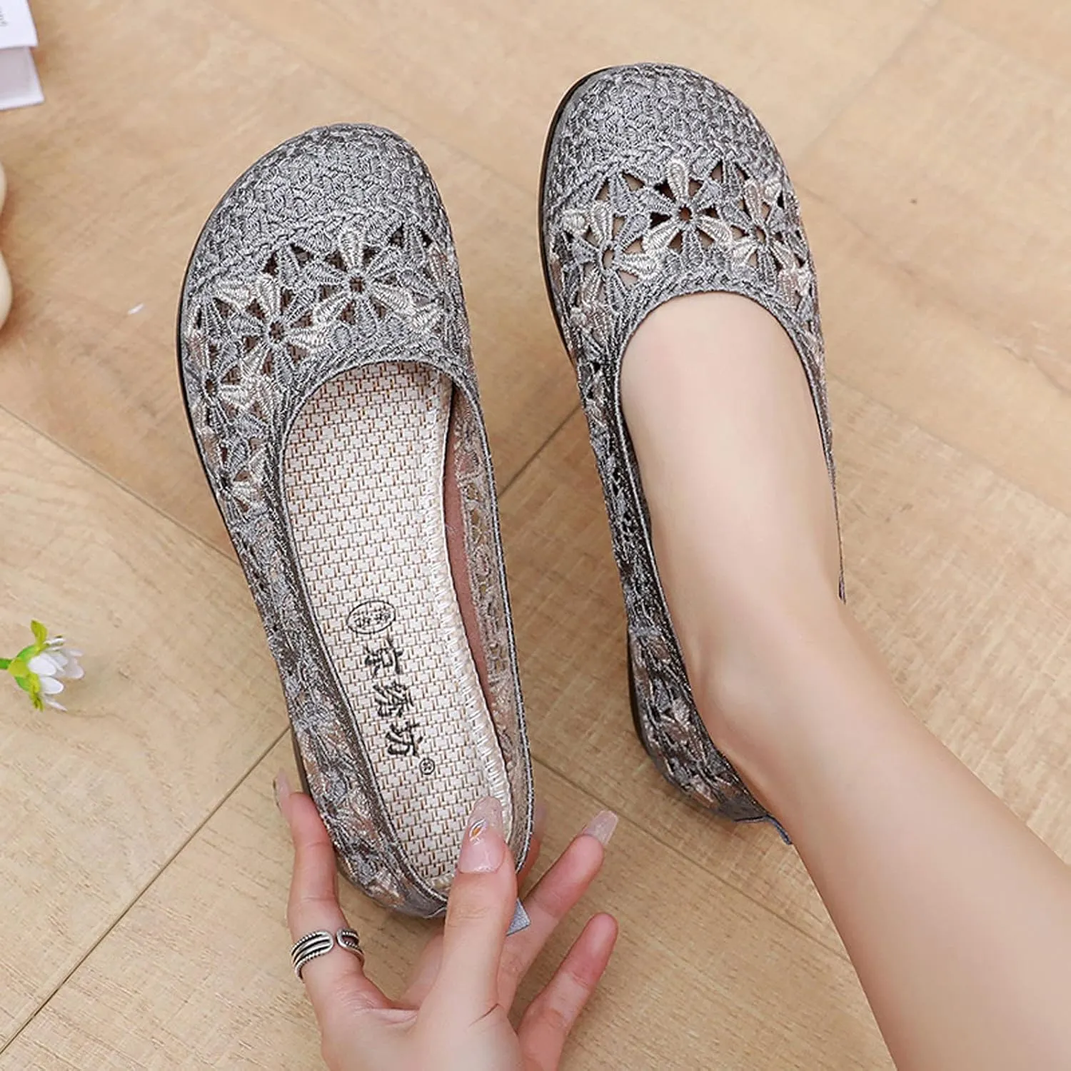 Women's Non Slip Dress Shoes See Through Mesh Lace Flowers Shoes Breathable Slip On Round Toe Bowling Women Size 6