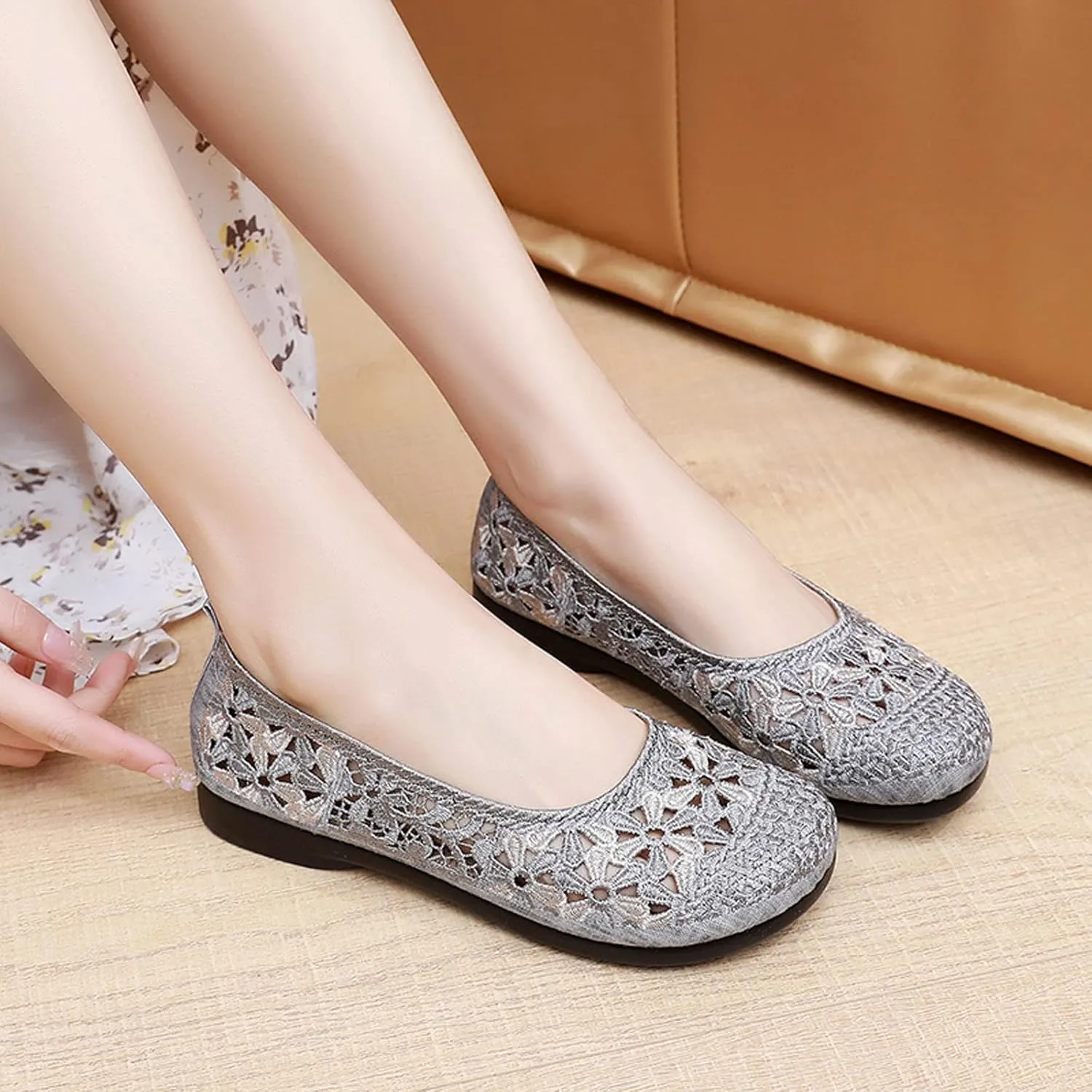 Women's Non Slip Dress Shoes See Through Mesh Lace Flowers Shoes Breathable Slip On Round Toe Bowling Women Size 6
