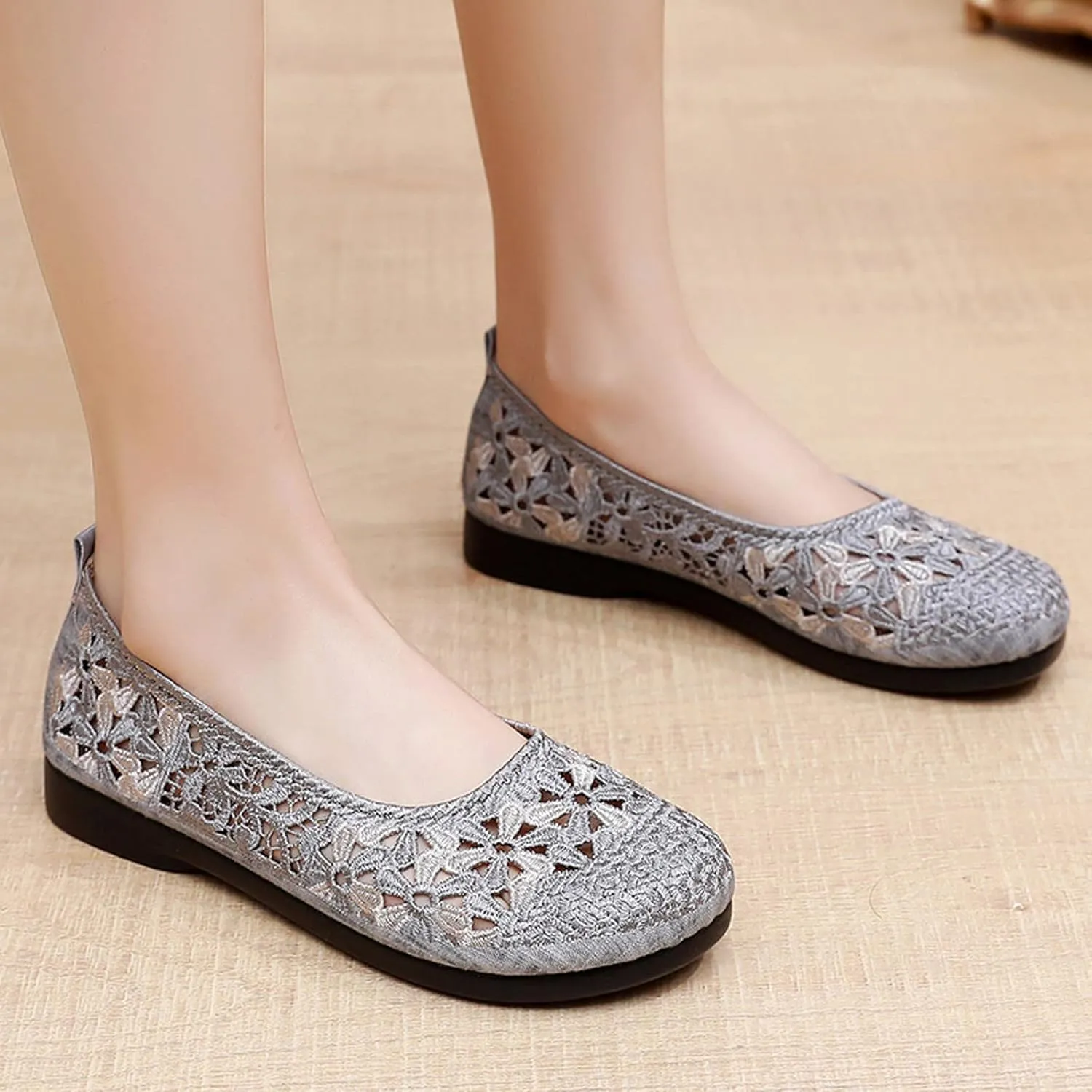 Women's Non Slip Dress Shoes See Through Mesh Lace Flowers Shoes Breathable Slip On Round Toe Bowling Women Size 6