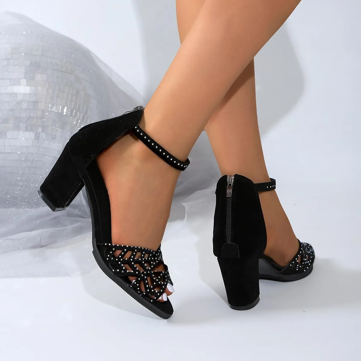 Women's Open Toe Ankle Strap Chunky Block Heel Sandals, Sandals for Women Ladies Fashion Peep Toe Causal Shoes Hollow Out Rhinestones Wedges Sandals