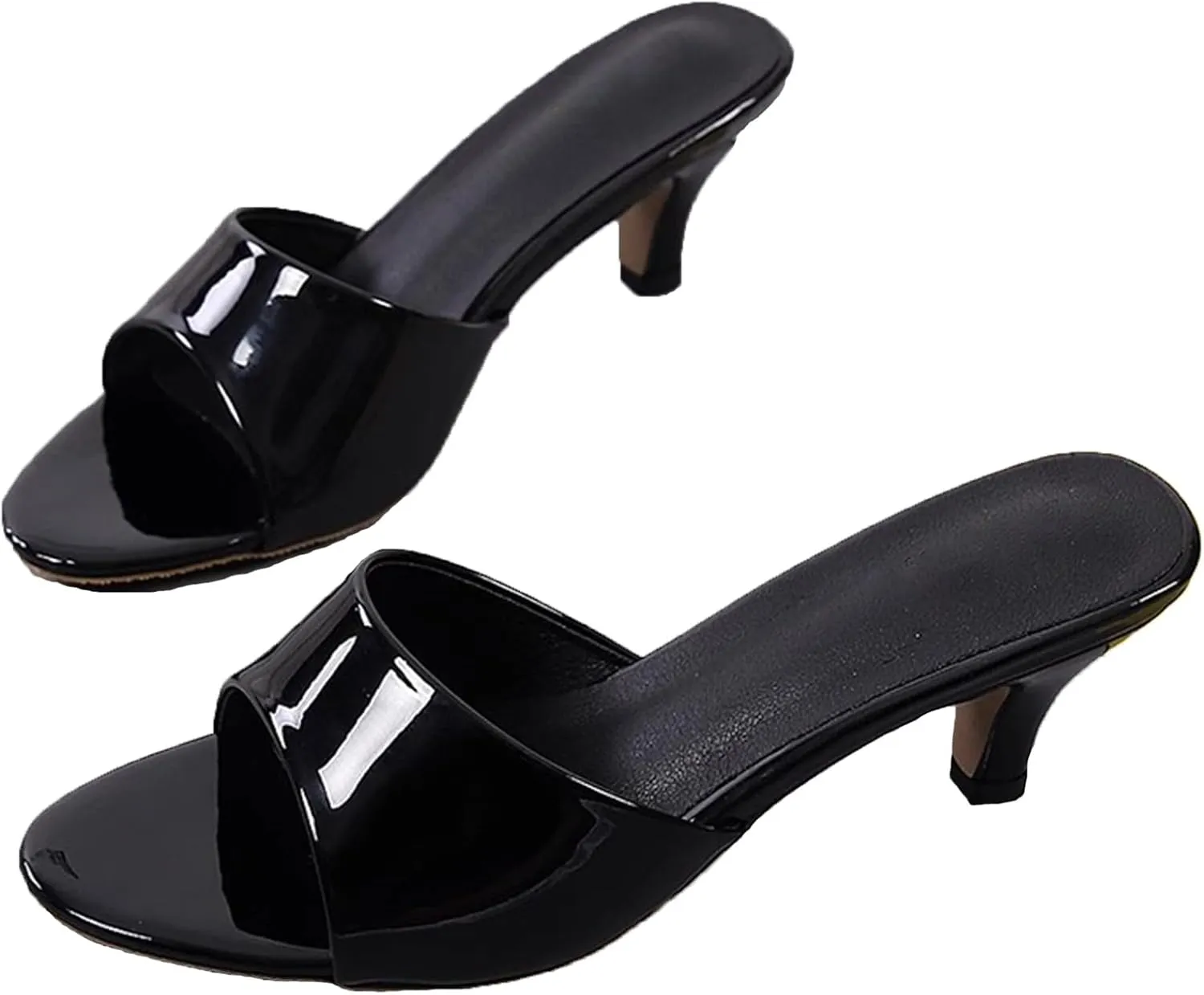 Women's Open Toe Stiletto Heel Mules Sandals - 2.6 Inch Low Heel One Band Slip-On Party Pumps - Patent Leather Summer Formal Dress Shoes