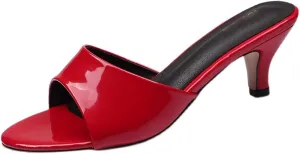 Women's Open Toe Stiletto Heel Mules Sandals - 2.6 Inch Low Heel One Band Slip-On Party Pumps - Patent Leather Summer Formal Dress Shoes