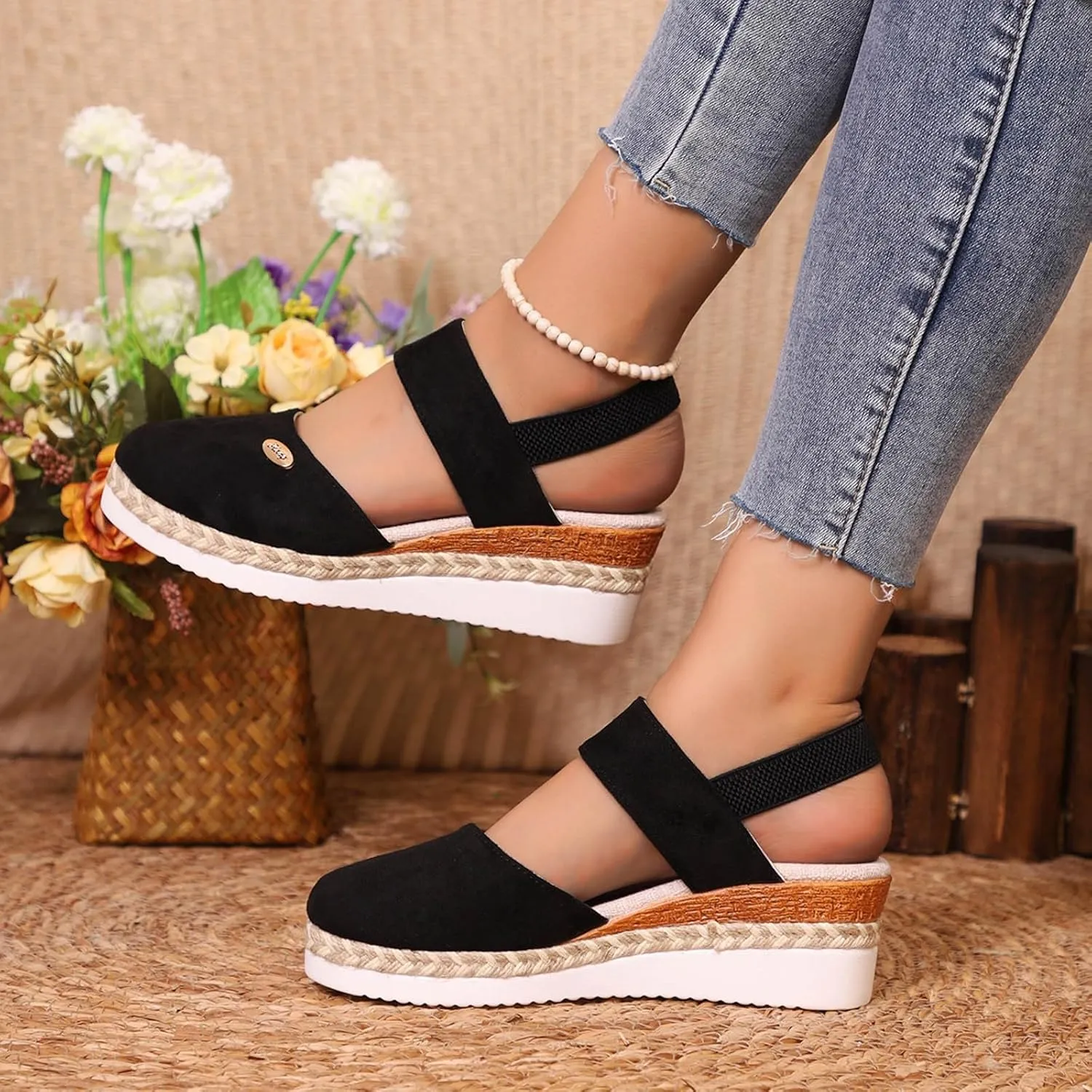 Women's Orthopedic Wedge Platform Sandals, Grey, Closed Toe, Ankle Strap, Comfortable, Casual
