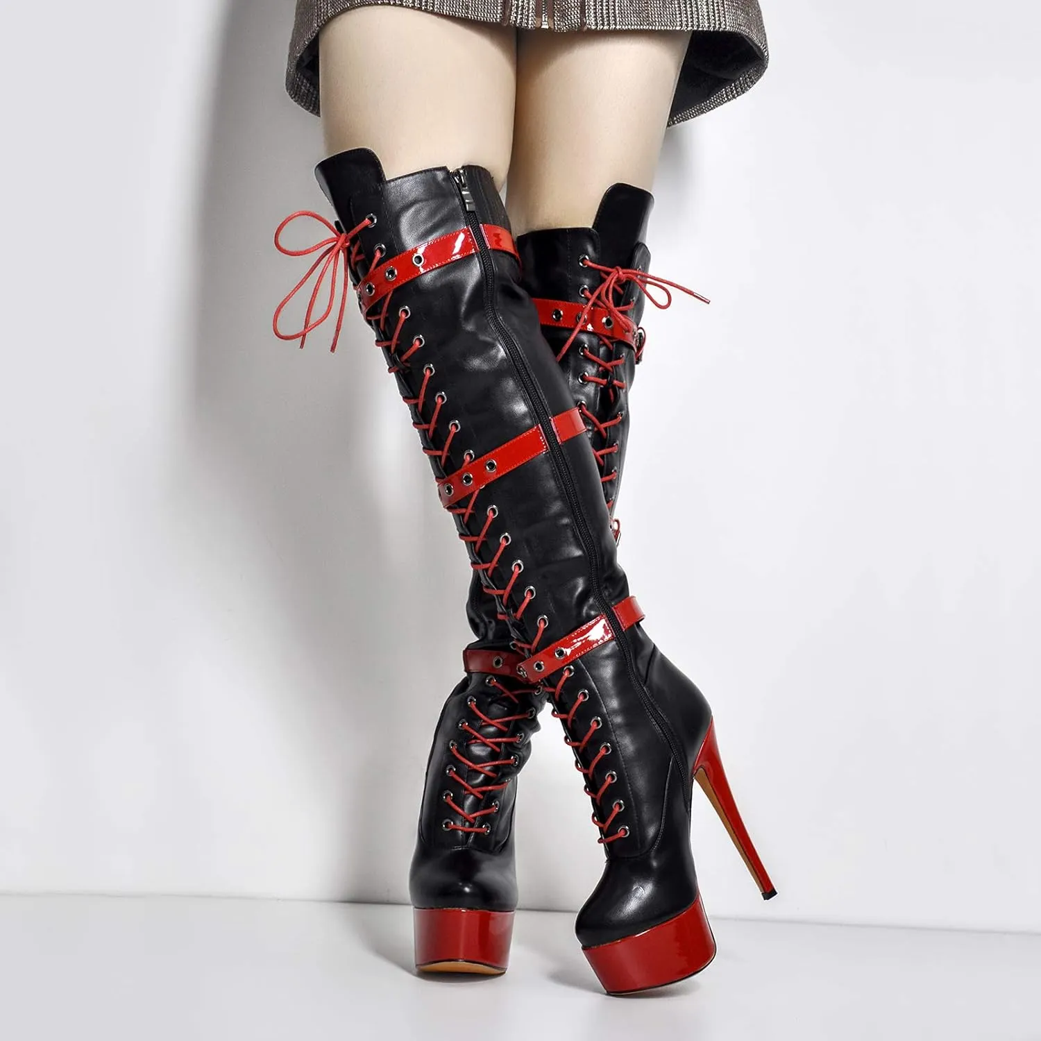 Women's Over The Knee Pull On Buckle Stiletto Heeled Lace Up Boots