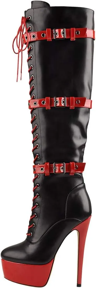 Women's Over The Knee Pull On Buckle Stiletto Heeled Lace Up Boots