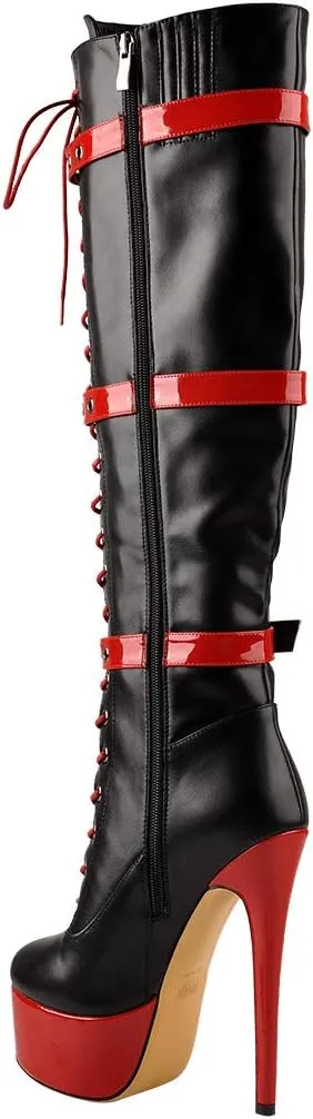 Women's Over The Knee Pull On Buckle Stiletto Heeled Lace Up Boots