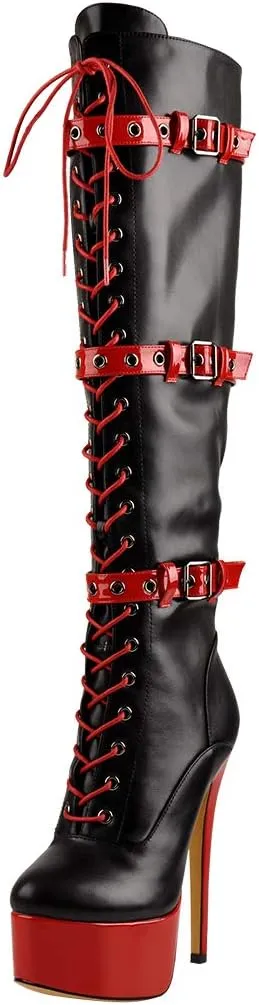 Women's Over The Knee Pull On Buckle Stiletto Heeled Lace Up Boots