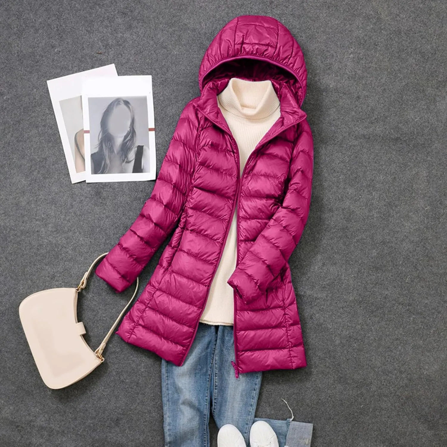 Women's Packable Lightweight Full Zip Jacket with Hood Quilted Winter Lightweight Coats Windproof Ladies Jackets