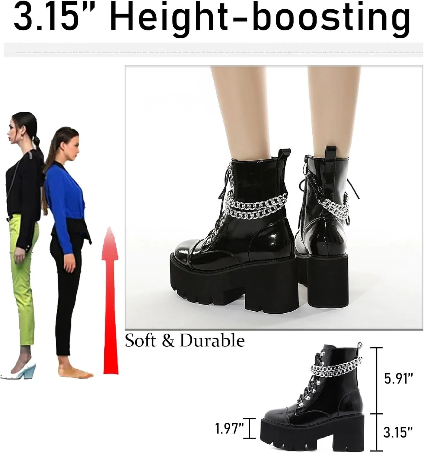 Women's Patent Leather Chain Platform Block Heel Goth Ankle Boots with Side Zipper Fashion Comfortable Round Toe Chunky High Heel Lace Up Combat Boots Y2K Punk Motorcycle Booties