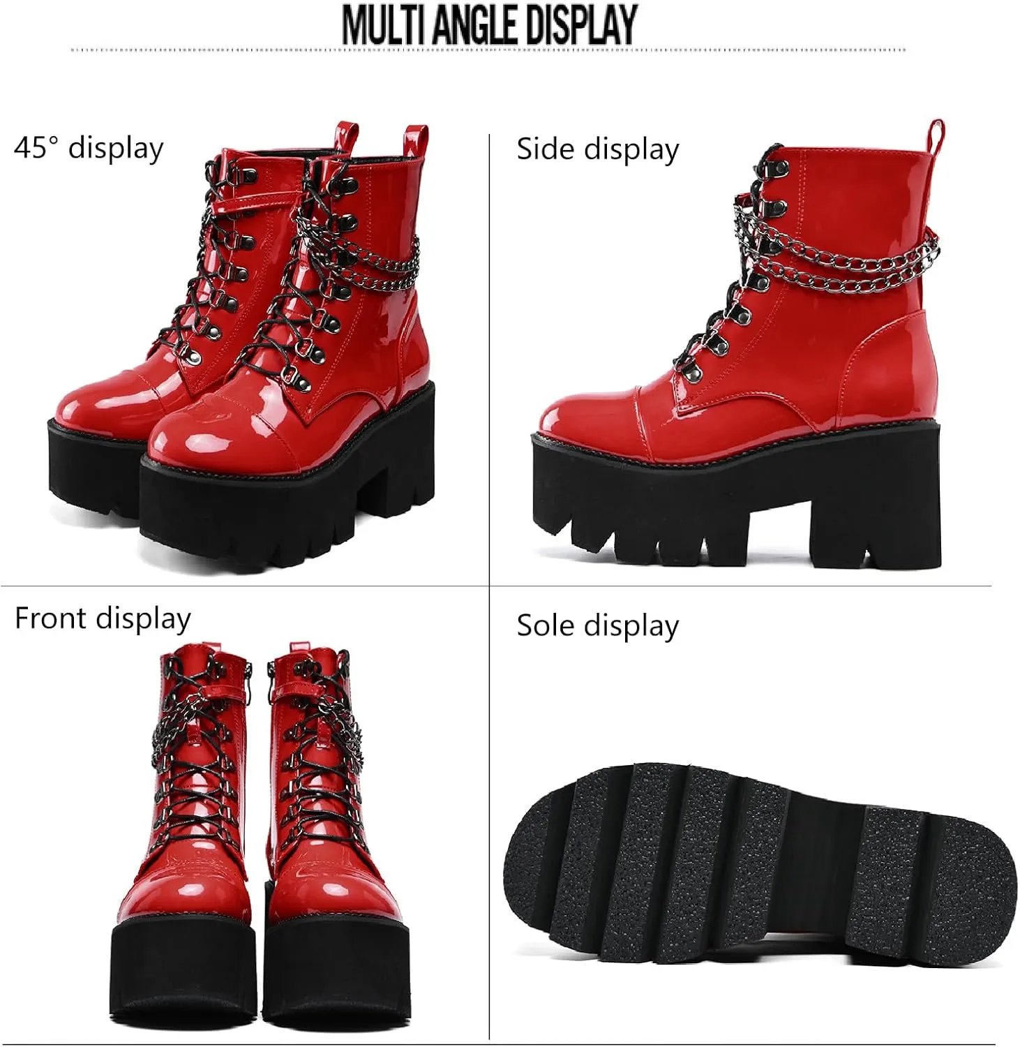 Women's Patent Leather Chain Platform Block Heel Goth Ankle Boots with Side Zipper Fashion Comfortable Round Toe Chunky High Heel Lace Up Combat Boots Y2K Punk Motorcycle Booties