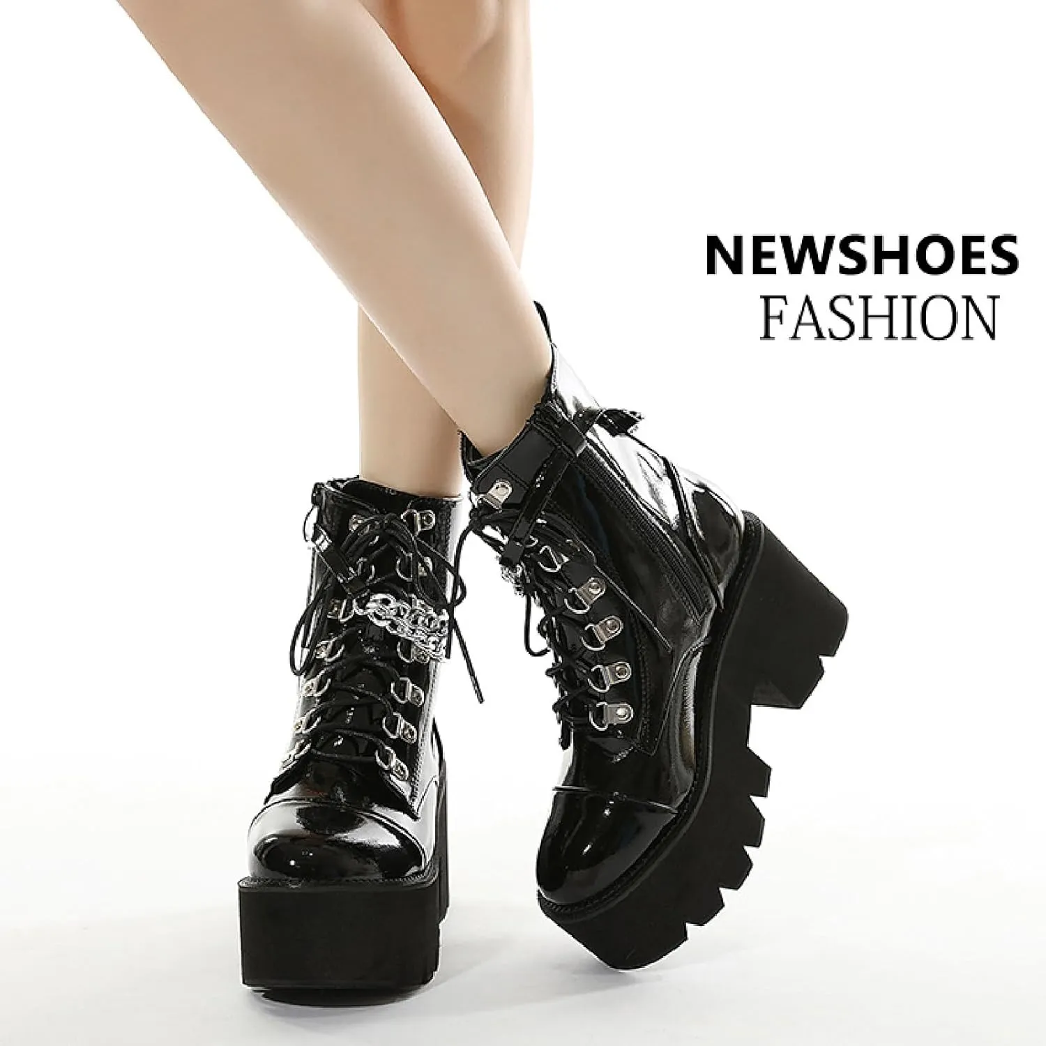 Women's Patent Leather Chain Platform Block Heel Goth Ankle Boots with Side Zipper Fashion Comfortable Round Toe Chunky High Heel Lace Up Combat Boots Y2K Punk Motorcycle Booties