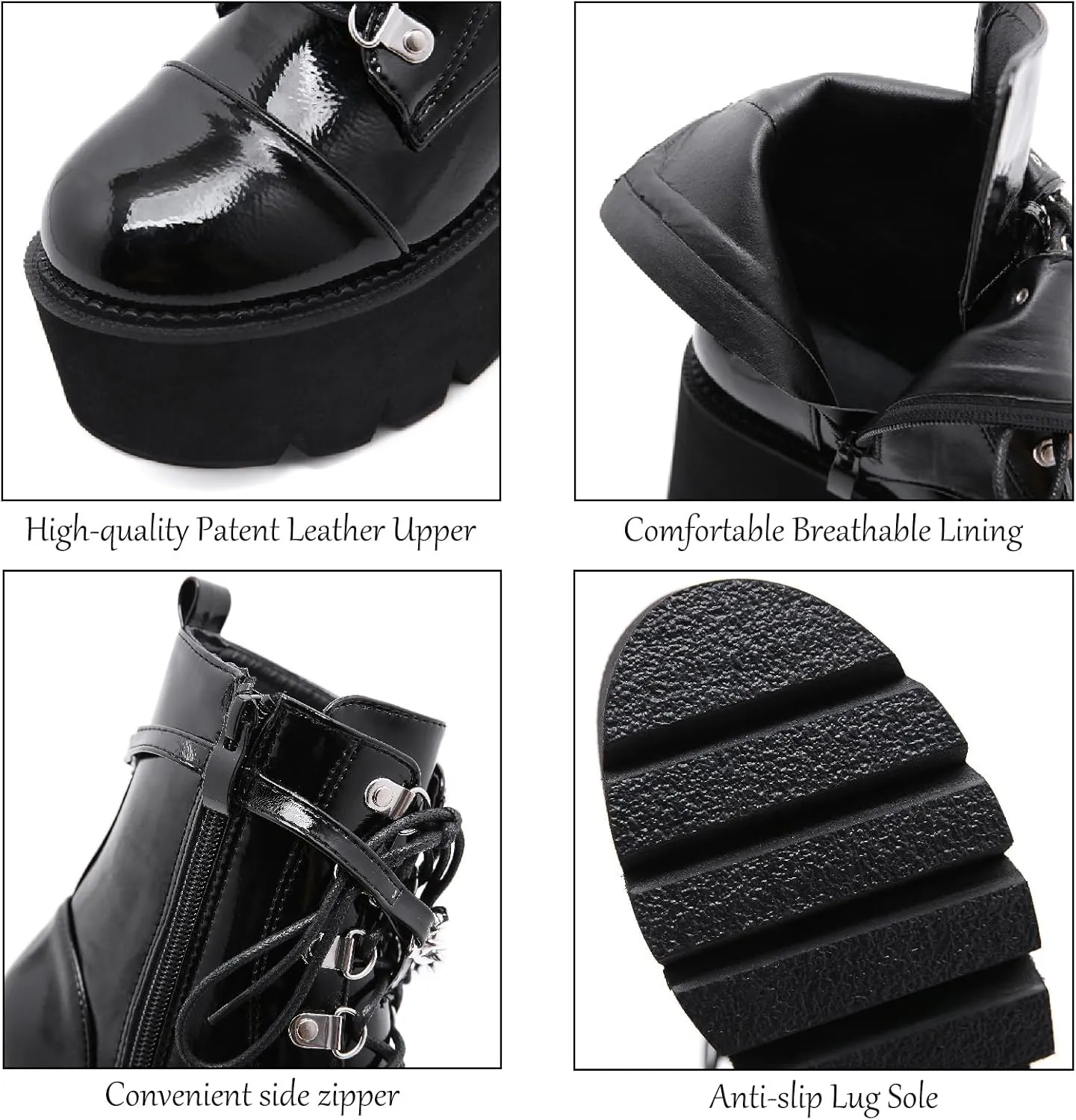 Women's Patent Leather Chain Platform Block Heel Goth Ankle Boots with Side Zipper Fashion Comfortable Round Toe Chunky High Heel Lace Up Combat Boots Y2K Punk Motorcycle Booties
