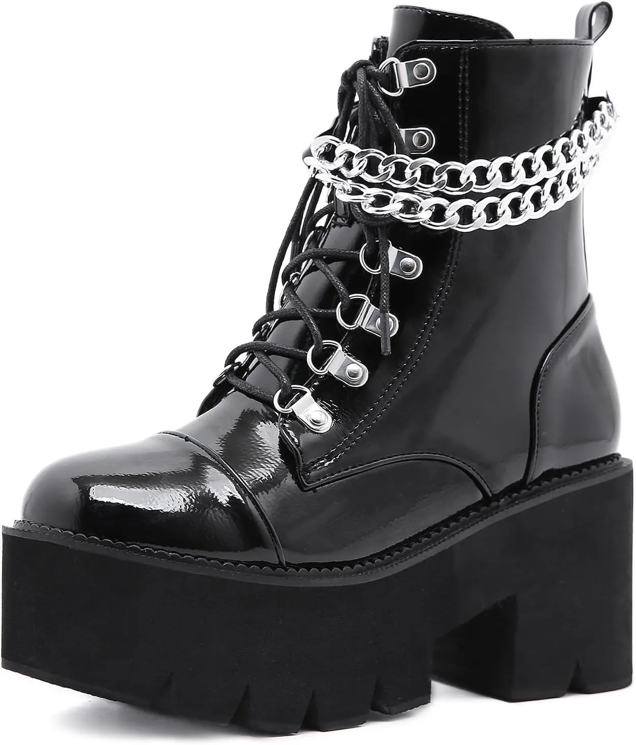 Women's Patent Leather Chain Platform Block Heel Goth Ankle Boots with Side Zipper Fashion Comfortable Round Toe Chunky High Heel Lace Up Combat Boots Y2K Punk Motorcycle Booties