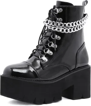 Women's Patent Leather Chain Platform Block Heel Goth Ankle Boots with Side Zipper Fashion Comfortable Round Toe Chunky High Heel Lace Up Combat Boots Y2K Punk Motorcycle Booties