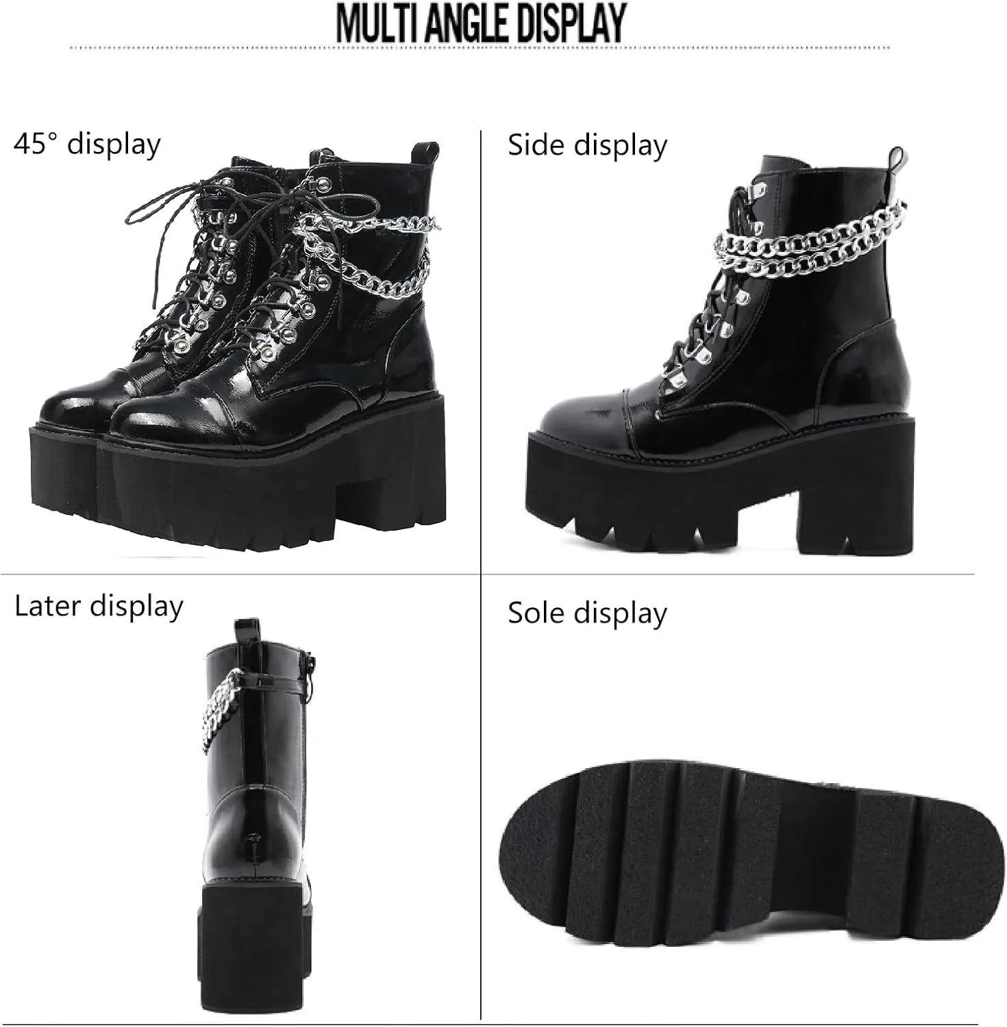 Women's Patent Leather Chain Platform Block Heel Goth Ankle Boots with Side Zipper Fashion Comfortable Round Toe Chunky High Heel Lace Up Combat Boots Y2K Punk Motorcycle Booties