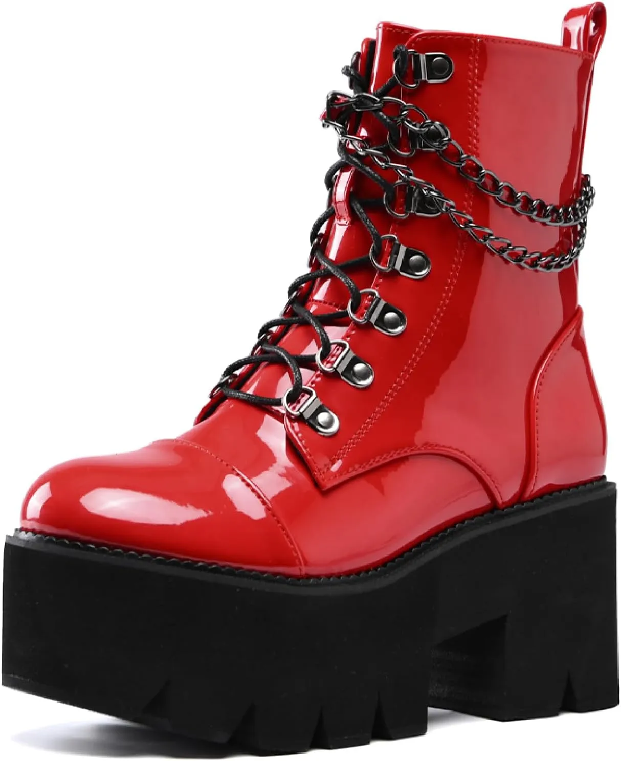 Women's Patent Leather Chain Platform Block Heel Goth Ankle Boots with Side Zipper Fashion Comfortable Round Toe Chunky High Heel Lace Up Combat Boots Y2K Punk Motorcycle Booties