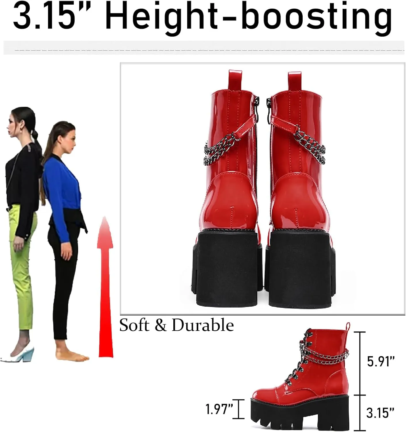 Women's Patent Leather Chain Platform Block Heel Goth Ankle Boots with Side Zipper Fashion Comfortable Round Toe Chunky High Heel Lace Up Combat Boots Y2K Punk Motorcycle Booties