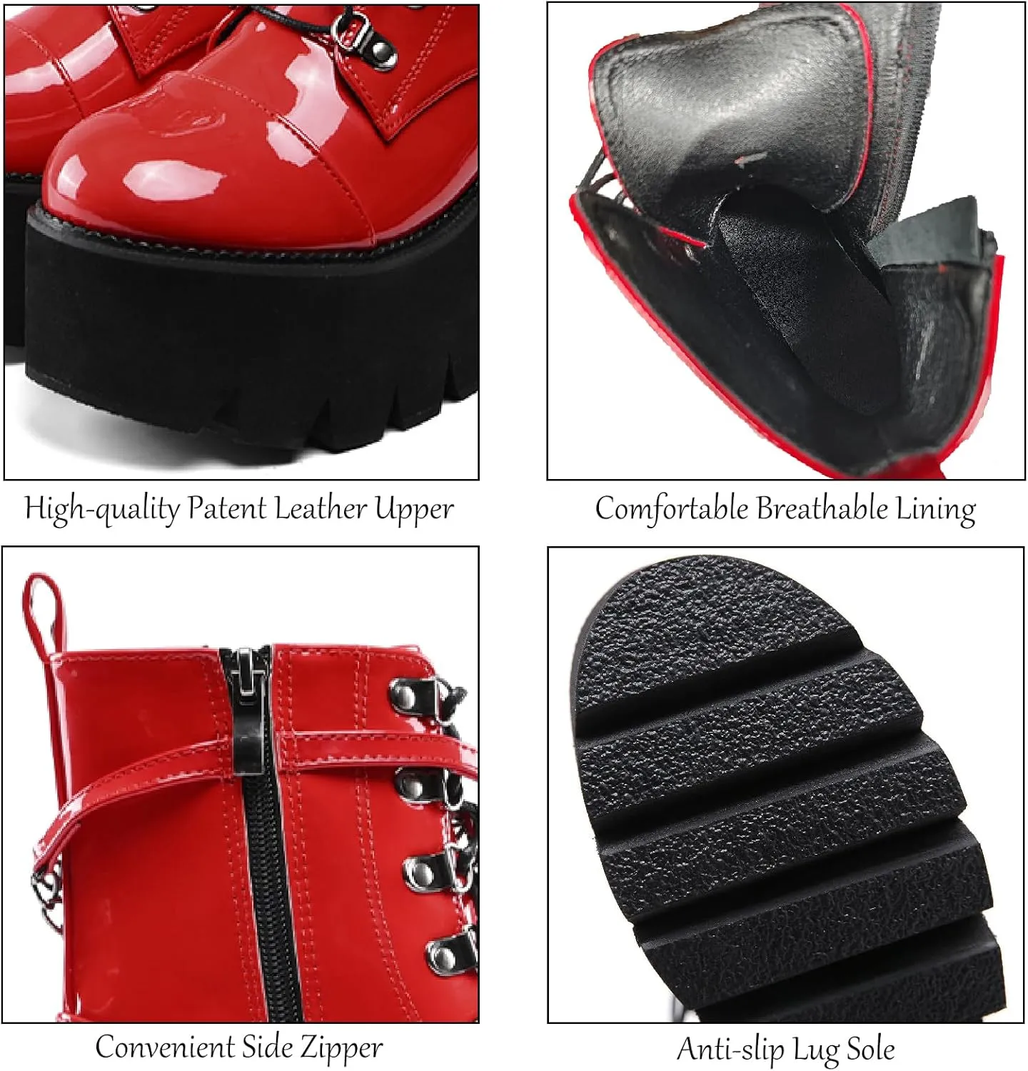 Women's Patent Leather Chain Platform Block Heel Goth Ankle Boots with Side Zipper Fashion Comfortable Round Toe Chunky High Heel Lace Up Combat Boots Y2K Punk Motorcycle Booties