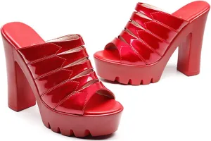 Women's Patent Leather Sexy Fish Mouth Platform Sandals Chunky High Heel Slip-On Mules Open Toe Summer Comfortable Heels for Parties Weddings Date Nights