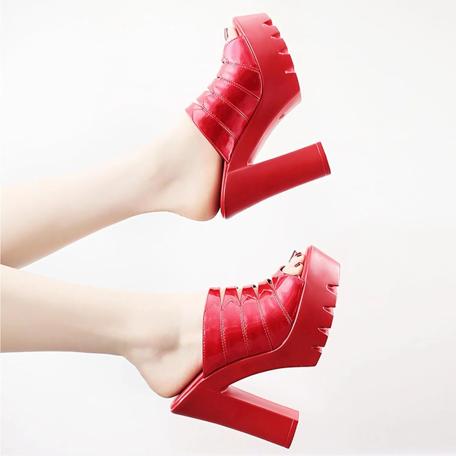 Women's Patent Leather Sexy Fish Mouth Platform Sandals Chunky High Heel Slip-On Mules Open Toe Summer Comfortable Heels for Parties Weddings Date Nights