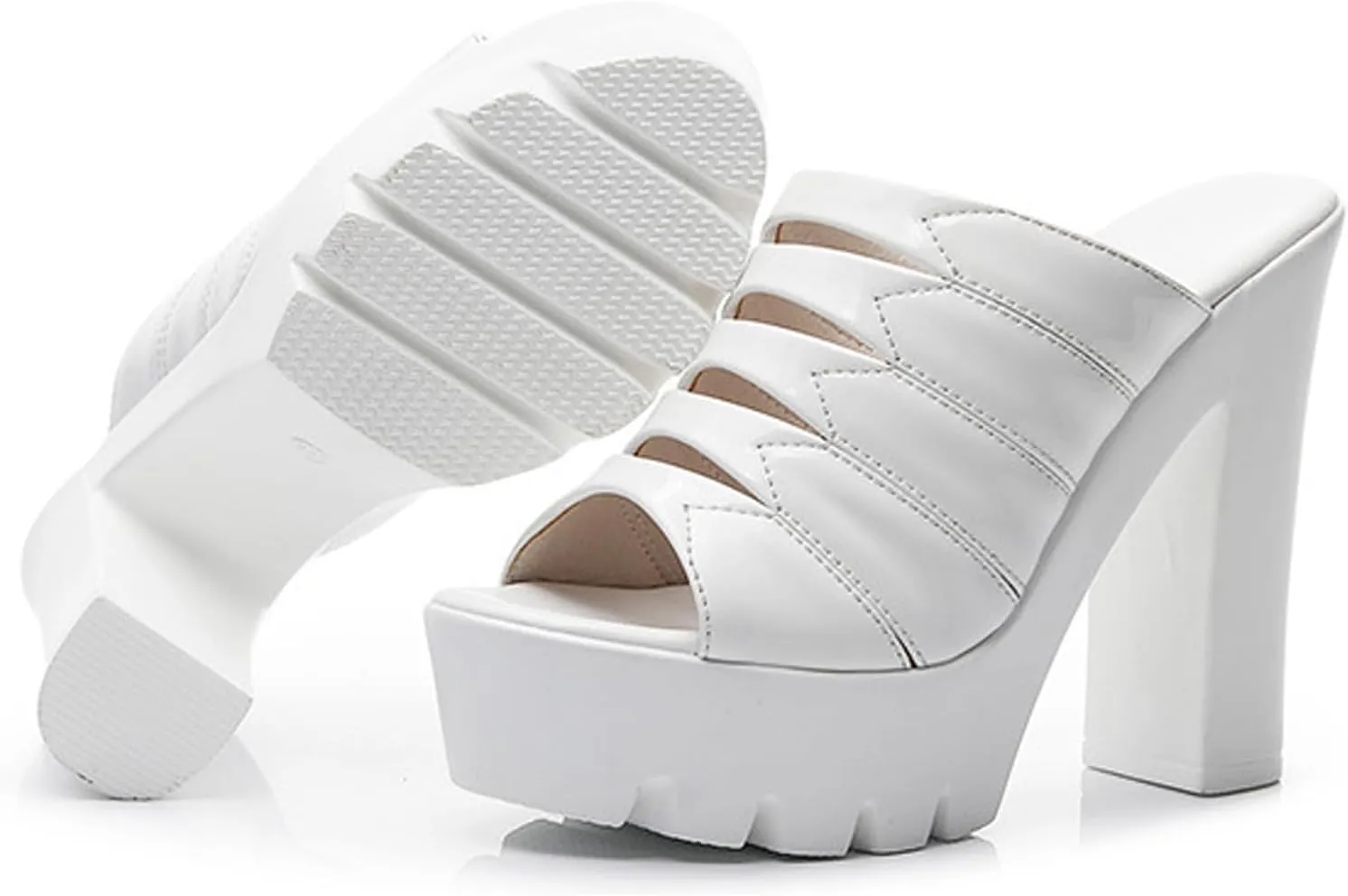 Women's Patent Leather Sexy Fish Mouth Platform Sandals Chunky High Heel Slip-On Mules Open Toe Summer Comfortable Heels for Parties Weddings Date Nights