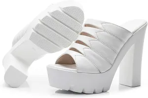 Women's Patent Leather Sexy Fish Mouth Platform Sandals Chunky High Heel Slip-On Mules Open Toe Summer Comfortable Heels for Parties Weddings Date Nights