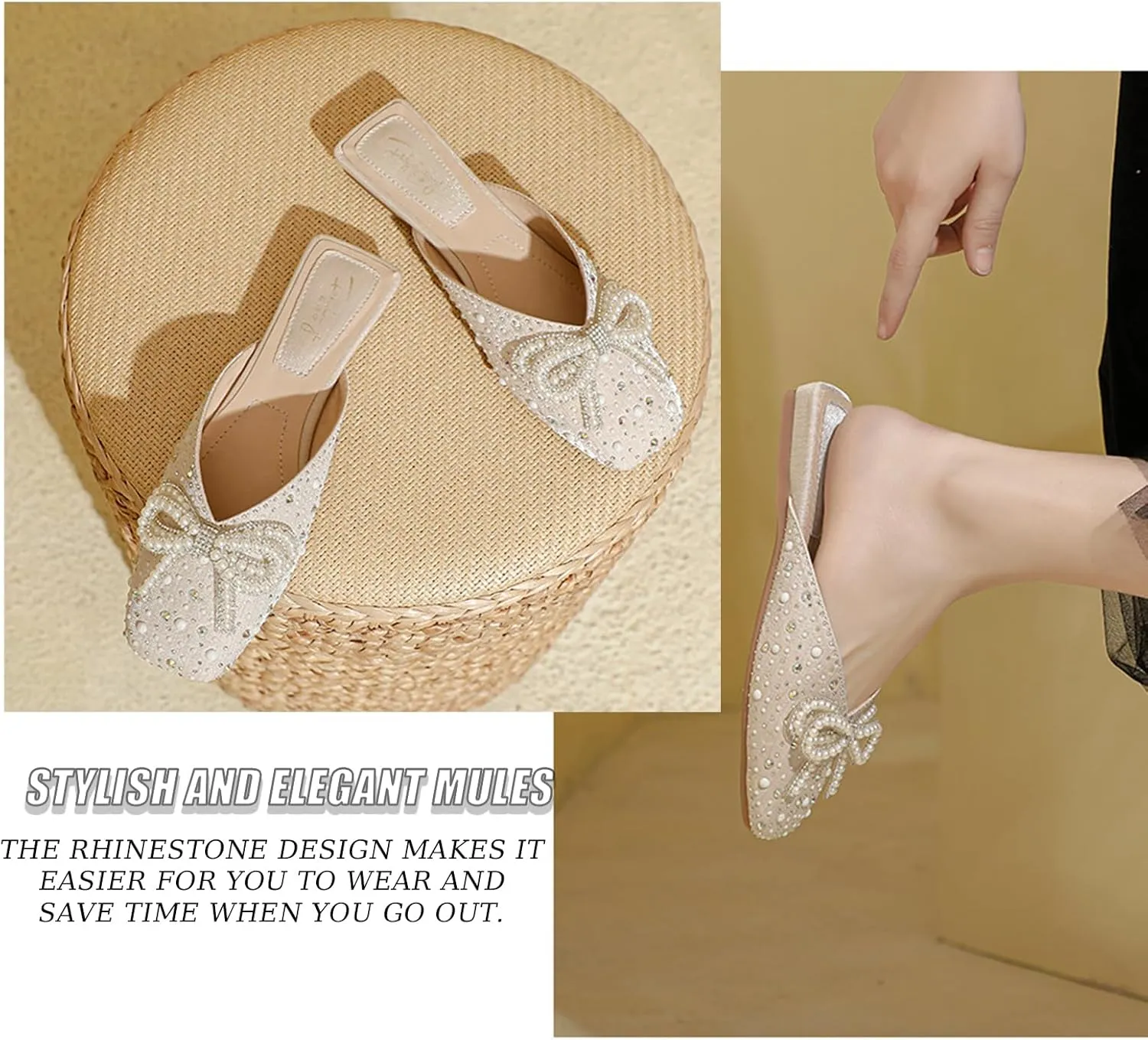 Women's Pearl Bow Fashion Flat Mules Square Toe Comfortable Soft Bottom Backless Elegant Dress Slip-On Shoes Suitable for Work Parties
