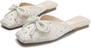 Women's Pearl Bow Fashion Flat Mules Square Toe Comfortable Soft Bottom Backless Elegant Dress Slip-On Shoes Suitable for Work Parties