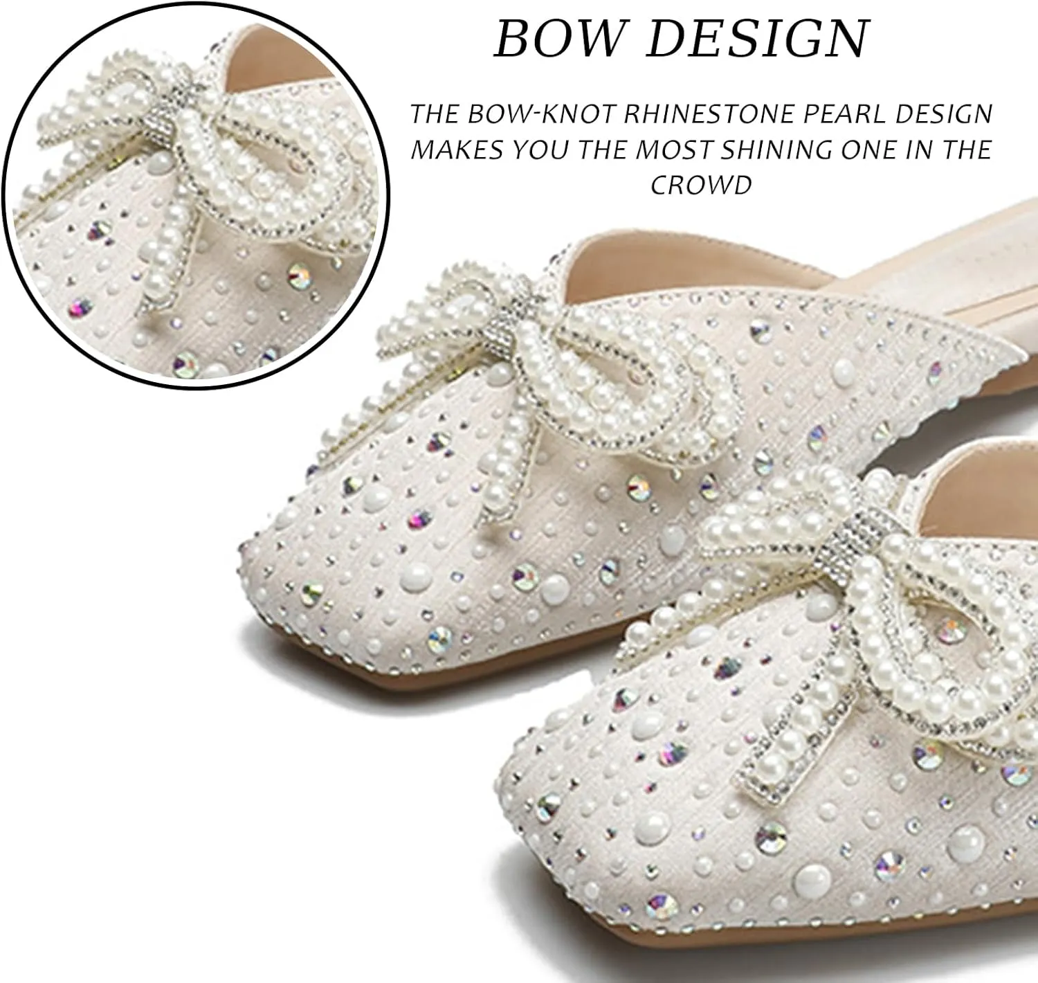 Women's Pearl Bow Fashion Flat Mules Square Toe Comfortable Soft Bottom Backless Elegant Dress Slip-On Shoes Suitable for Work Parties
