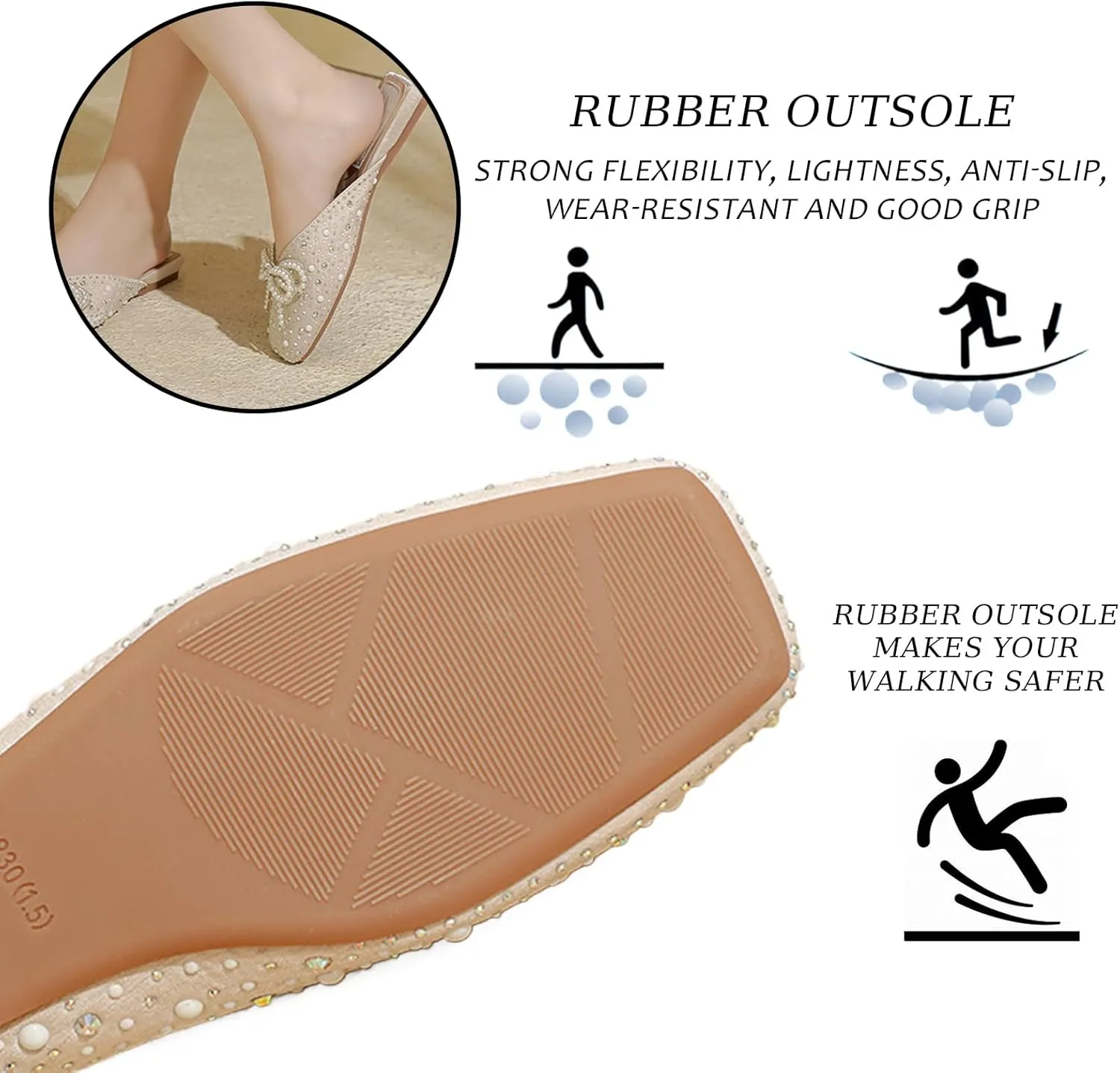 Women's Pearl Bow Fashion Flat Mules Square Toe Comfortable Soft Bottom Backless Elegant Dress Slip-On Shoes Suitable for Work Parties