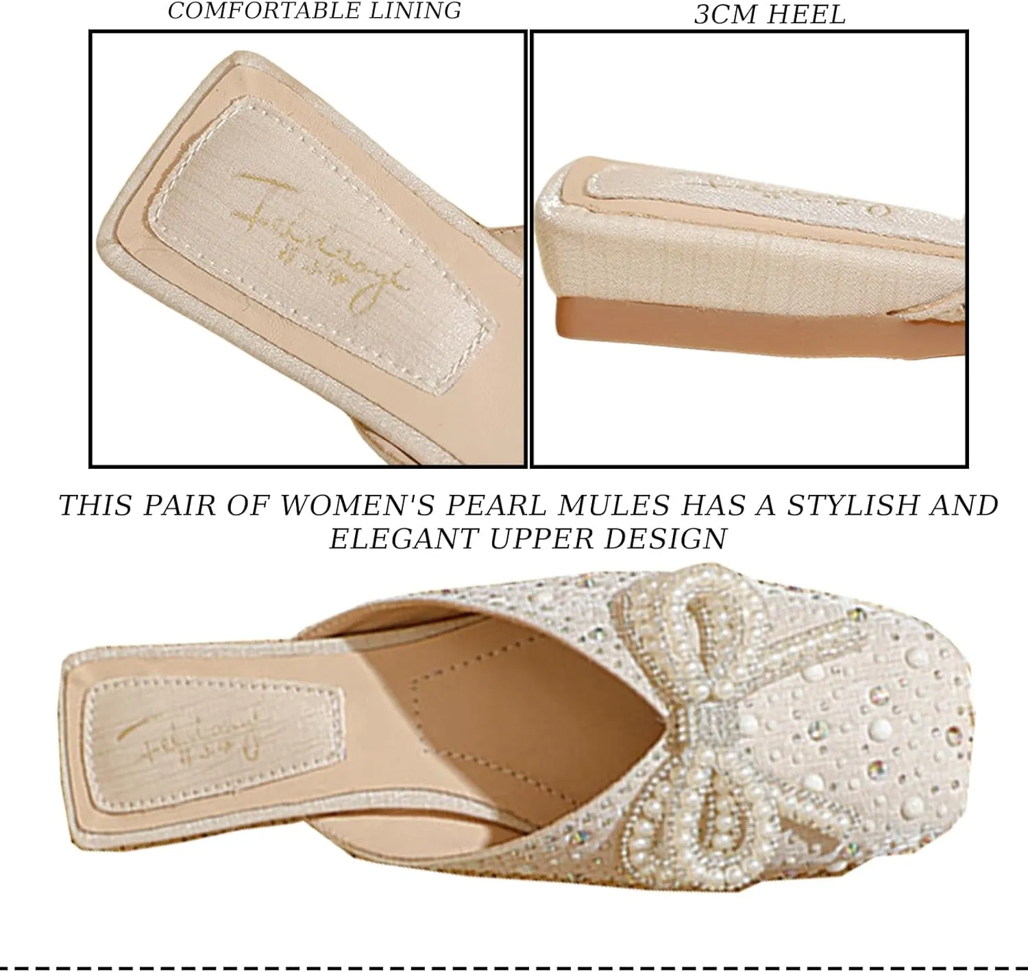 Women's Pearl Bow Fashion Flat Mules Square Toe Comfortable Soft Bottom Backless Elegant Dress Slip-On Shoes Suitable for Work Parties