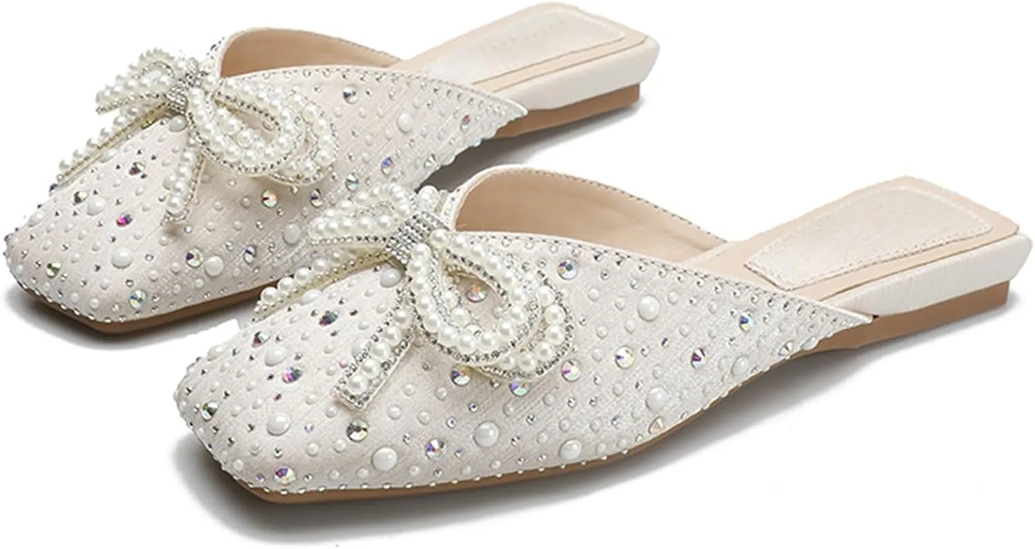 Women's Pearl Bow Fashion Flat Mules Square Toe Comfortable Soft Bottom Backless Elegant Dress Slip-On Shoes Suitable for Work Parties