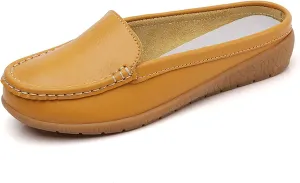 Women's Penny Mules Moccasins Round Toe Backless Comfortable Leather Slip on Flat Loafers (Yellow, 8)
