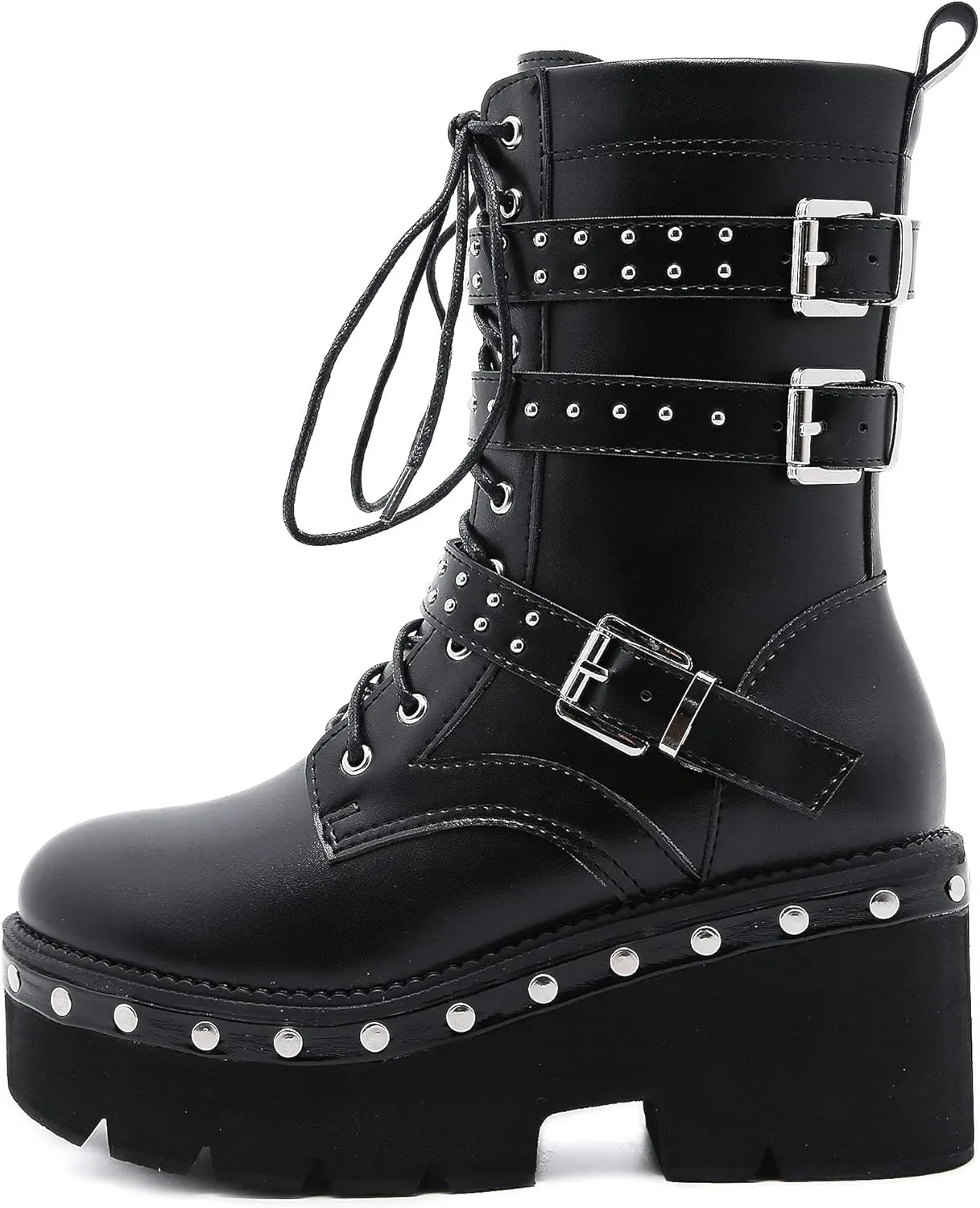 Womens Platform Boots Round Toe Chunky Ankle Boots Punk Boots Lace Up&Zipper Combat Boots