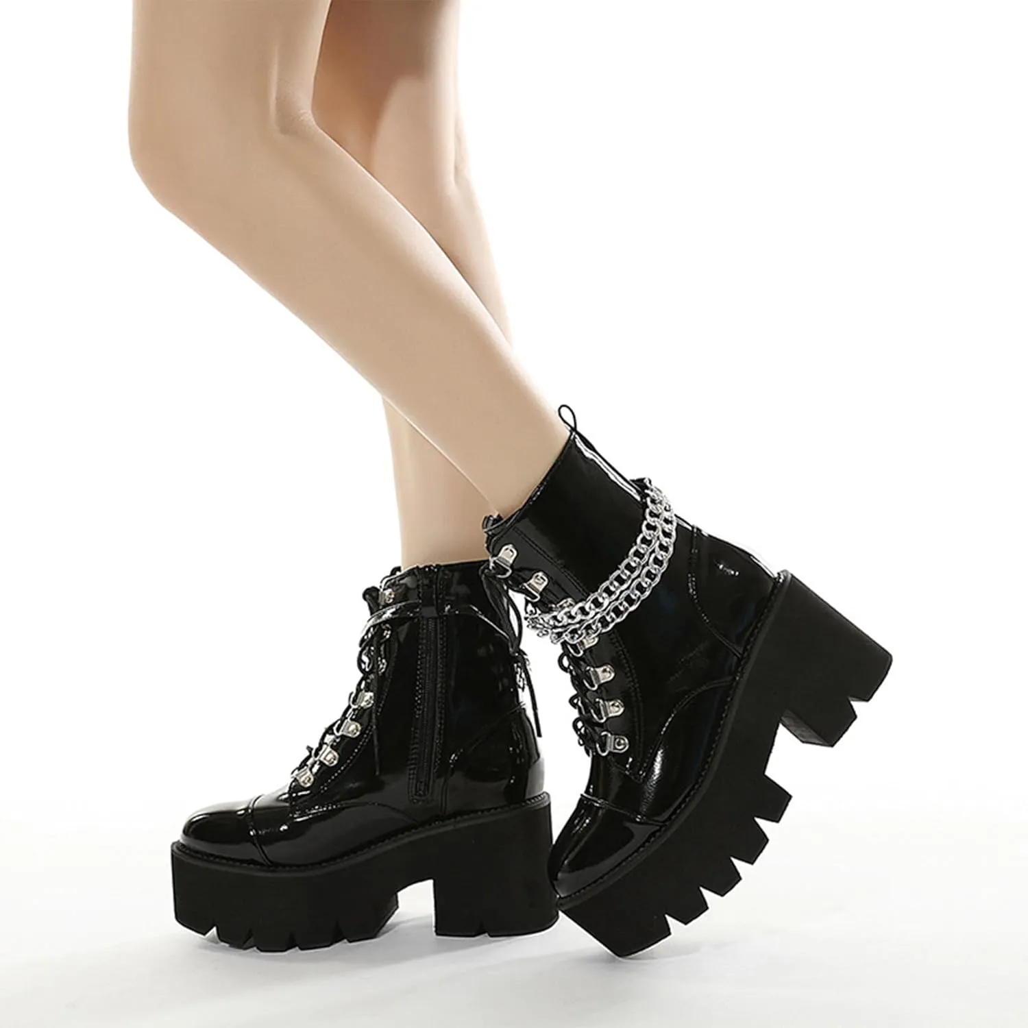 Womens Platform Boots Round Toe Chunky Ankle Boots Punk Boots Lace Up&Zipper Combat Boots