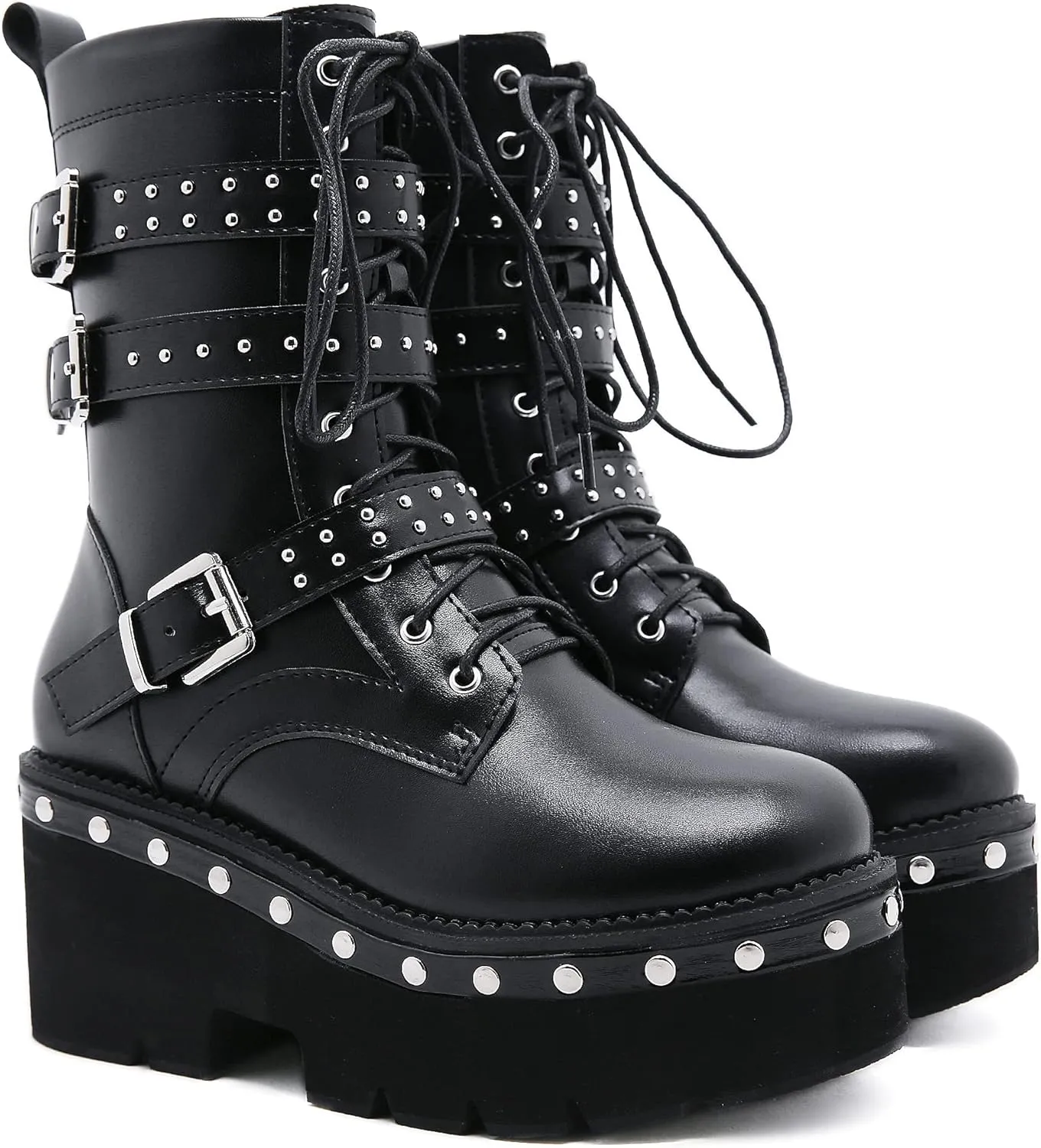 Womens Platform Boots Round Toe Chunky Ankle Boots Punk Boots Lace Up&Zipper Combat Boots